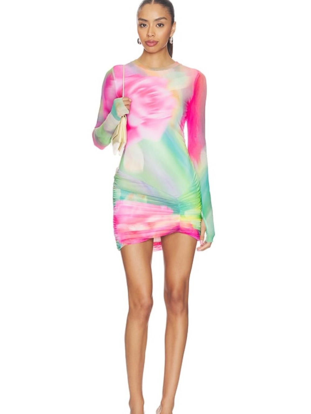 AFRM Pink Multicolor Floral Mesh Long-Sleeve Dress